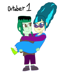 Size: 1280x1475 | Tagged: safe, artist:horroraceman93, character:juniper montage, character:wallflower blush, ship:juniblush, g4, my little pony:equestria girls, beehive hairdo, bridal carry, bride of frankenstein, carrying, clothing, cosplay, costume, female, frankenstein's monster, glasses, halloween, holiday, lesbian, shipping, simple background, transparent background
