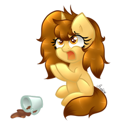 Size: 750x750 | Tagged: safe, artist:avelineh, oc, oc only, oc:creamy coffee, species:pony, species:unicorn, g4, adorable distress, coffee, cute, female, open mouth, simple background, solo, spill, transparent background