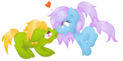 Size: 1083x540 | Tagged: safe, artist:avelineh, oc, oc only, oc:frosty flicker, species:earth pony, species:pony, g4, blushing, colt, female, filly, heart, male, oc x oc, shipping, simple background, transparent background