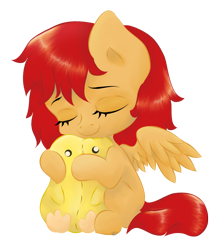 Size: 712x812 | Tagged: safe, artist:avelineh, oc, oc only, oc:arcadia, species:bird, species:duck, species:pegasus, species:pony, g4, cute, eyes closed, female, hug, plushie, simple background, solo, transparent background