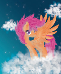 Size: 810x990 | Tagged: safe, artist:avelineh, character:scootaloo, species:pegasus, species:pony, g4, cloud, female, older, older scootaloo, scootaloo can fly, spread wings, wings