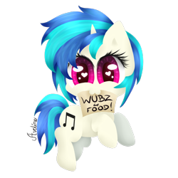 Size: 750x750 | Tagged: safe, artist:avelineh, character:dj pon-3, character:vinyl scratch, species:pony, species:unicorn, g4, chibi, cute, dawwww, female, heart eyes, mouth hold, sign, simple background, solo, transparent background, wingding eyes
