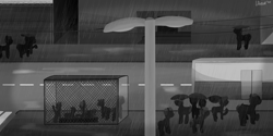 Size: 5000x2500 | Tagged: safe, artist:uteuk, species:earth pony, species:pony, species:unicorn, g4, barbed wire, black and white, bus, bus stop, grayscale, monochrome, rain, road, umbrella