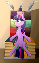 Size: 2000x3200 | Tagged: safe, artist:uteuk, character:twilight sparkle, character:twilight sparkle (unicorn), species:pony, species:unicorn, g4, book, book throne, bookhorse, feather, ink, inkwell, sitting, solo, throne