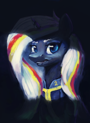 Size: 3288x4500 | Tagged: safe, artist:terrafomer, oc, oc only, oc:velvet remedy, species:pony, species:unicorn, fallout equestria, g4, bust, clothing, fanfic, fanfic art, female, horn, mare, portrait, solo, vault suit