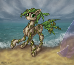 Size: 5040x4416 | Tagged: safe, artist:eltaile, oc, oc only, oc:holo limu, species:pony, g4, beach, bodypaint, cloud, fangs, female, horizon, ocean, sand, scar, seaweed, solo, surfboard, tattoo, tribal, wave