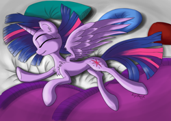Size: 2841x2008 | Tagged: safe, artist:itchystomach, character:twilight sparkle, character:twilight sparkle (alicorn), species:alicorn, species:pony, g4, bed, chest fluff, pillow, solo