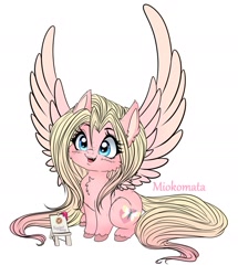 Size: 1566x1818 | Tagged: safe, artist:tawnysweet, artist:tawnysweetarts, oc, oc only, oc:mio, species:pegasus, species:pony, g4, big wings, cheek fluff, chest fluff, chibi, cute, female, freckles, mare, simple background, solo, spread wings, unshorn fetlocks, white background, wings