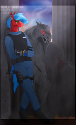 Size: 608x998 | Tagged: safe, artist:chao-xing, oc, oc only, species:anthro, species:earth pony, species:pony, species:unguligrade anthro, g4, blood, blood stains, cigarette, clothing, commission, crossed arms, cyborg, glowing eyes, gun, leaning, long hair, male, monster, no pupils, police, police officer, red eyes, rifle, scar, sharp teeth, smoke, smoking, stallion, teeth, uniform, vest, watermark, weapon