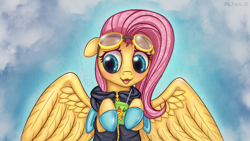 Size: 1920x1080 | Tagged: safe, artist:eltaile, character:fluttershy, species:pegasus, species:pony, g4, blushing, bunny ears, clothing, costume, cute, dangerous mission outfit, female, floppy ears, flutterspy, goggles, hoodie, hoof hold, juice, juice box, mare, open mouth, shyabetes, sky, solo, tongue out, wings