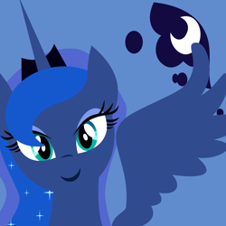 Size: 1000x1000 | Tagged: safe, artist:demonreapergirl, character:princess luna, species:alicorn, species:pony, bust, cutie mark background, female, horn, jewelry, lineless, looking at you, mare, portrait, regalia, smiling, solo, spread wings, tiara, wings