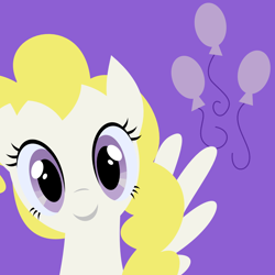 Size: 1000x1000 | Tagged: safe, artist:demonreapergirl, character:surprise, species:pegasus, species:pony, g1, bust, cutie mark background, female, g1 to g4, generation leap, lineless, looking at you, mare, portrait, purple background, simple background, smiling, solo, spread wings, wings