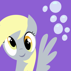 Size: 1000x1000 | Tagged: safe, artist:demonreapergirl, character:derpy hooves, species:pegasus, species:pony, bust, cute, cutie mark background, derpabetes, female, lineless, looking at you, mare, portrait, purple background, simple background, smiling, solo, spread wings, wings