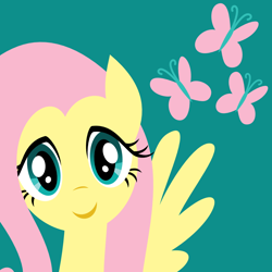 Size: 1000x1000 | Tagged: safe, artist:demonreapergirl, character:fluttershy, species:pegasus, species:pony, bust, cutie mark background, female, green background, lineless, looking at you, mare, portrait, simple background, smiling, solo, spread wings, wings