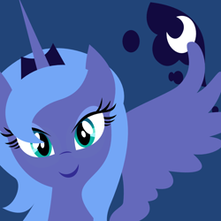 Size: 1000x1000 | Tagged: safe, artist:demonreapergirl, character:princess luna, species:alicorn, species:pony, blue background, bust, cutie mark background, female, horn, jewelry, lineless, looking at you, mare, portrait, s1 luna, simple background, smiling, solo, spread wings, tiara, wings