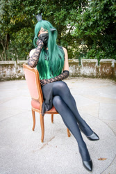 Size: 1536x2304 | Tagged: safe, artist:nullpotower, character:queen chrysalis, species:human, g4, chair, clothing, cosplay, costume, evening gloves, face mask, gloves, irl, irl human, long gloves, mask, photo, sitting, solo, stockings, thigh highs