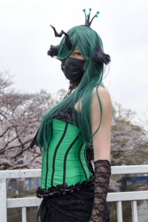 Size: 1364x2048 | Tagged: safe, artist:nullpotower, character:queen chrysalis, species:human, g4, clothing, cosplay, costume, evening gloves, face mask, gloves, horn, irl, irl human, long gloves, mask, photo, solo