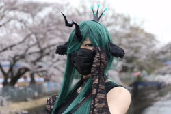 Size: 2048x1364 | Tagged: safe, artist:nullpotower, character:queen chrysalis, species:human, g4, clothing, cosplay, costume, evening gloves, face mask, gloves, horn, irl, irl human, long gloves, mask, photo, solo