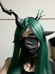 Size: 768x1024 | Tagged: safe, artist:nullpotower, character:queen chrysalis, species:human, g4, clothing, cosplay, costume, face mask, horn, irl, irl human, jewelry, mask, necklace, photo, solo