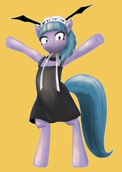 Size: 2508x3541 | Tagged: safe, artist:nullpotower, species:earth pony, species:pony, g4, :3, bipedal, clothing, dress, female, headband, mare, simple background, solo, tote bag (character), yellow background