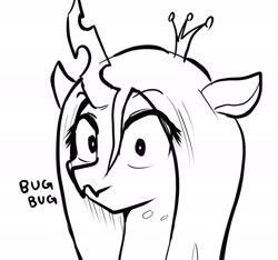 Size: 1303x1221 | Tagged: safe, artist:nullpotower, character:queen chrysalis, species:changeling, g4, black and white, bust, changeling queen, cute, cutealis, female, grayscale, monochrome, portrait, silly, solo
