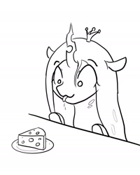 Size: 1496x1867 | Tagged: safe, artist:nullpotower, character:queen chrysalis, species:changeling, g4, black and white, bust, changeling queen, cheese, cute, cutealis, drool, female, food, grayscale, looking at something, monochrome, portrait, solo, swiss cheese, tongue out