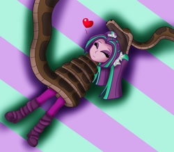 Size: 1823x1597 | Tagged: safe, artist:jerrydestrtoyer, character:aria blaze, species:eqg human, g4, my little pony:equestria girls, clothing, coils, crossover, duo, eyes closed, female, floating heart, heart, imminent vore, kaa, male, open mouth, shoes, smiling, snake, the jungle book, wrapped up
