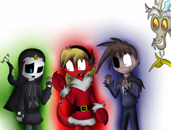 Size: 2205x1688 | Tagged: safe, artist:jerrydestrtoyer, character:discord, species:draconequus, g4, :o, black sclera, christmas, clothing, costume, crossover, finger snap, grin, heterochromia, holiday, male, open mouth, santa costume, smiling, transformation