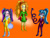 Size: 2102x1606 | Tagged: safe, artist:jerrydestrtoyer, character:adagio dazzle, character:aria blaze, character:sonata dusk, species:eqg human, g4, my little pony:equestria girls, cape, clothing, costume, elastic, electricity, female, flight, glowing hands, mask, orange background, simple background, spandex, superhero, the dazzlings