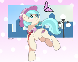 Size: 756x605 | Tagged: safe, artist:vinilyart, character:coco pommel, species:earth pony, species:pony, g4, butterfly, clothing, female, hat, mare