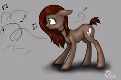 Size: 3190x2114 | Tagged: safe, artist:cvanilda, oc, oc only, species:earth pony, species:pony, g4, choker, earth pony oc, gray background, music notes, signature, simple background, solo