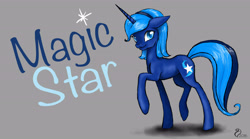 Size: 4458x2480 | Tagged: safe, artist:cvanilda, oc, oc only, oc:magic star, species:pony, species:unicorn, g4, gray background, horn, raised hoof, signature, simple background, smiling, solo, unicorn oc