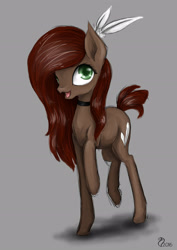 Size: 2480x3508 | Tagged: safe, artist:cvanilda, oc, oc only, species:earth pony, species:pony, g4, choker, earth pony oc, gray background, open mouth, raised hoof, signature, simple background, smiling, solo