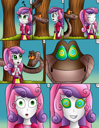 Size: 1721x2232 | Tagged: safe, artist:jerrydestrtoyer, character:sweetie belle, species:eqg human, g4, my little pony:equestria girls, clothing, comic, crossover, eyes closed, female, grin, hypnosis, hypnotized, kaa, kaa eyes, open mouth, outdoors, smiling, snake, the jungle book, tree