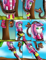 Size: 1677x2169 | Tagged: safe, artist:jerrydestrtoyer, character:sweetie belle, species:eqg human, g4, my little pony:equestria girls, boots, clothing, coils, comic, crossover, female, hypnosis, hypnotized, kaa, kaa eyes, open mouth, outdoors, shoes, snake, suspended, the jungle book, tree, wrapped up