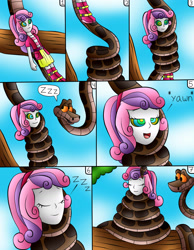 Size: 1729x2232 | Tagged: safe, artist:jerrydestrtoyer, character:sweetie belle, species:eqg human, g4, my little pony:equestria girls, clothing, coils, comic, crossover, female, hypnosis, hypnotized, kaa, kaa eyes, onomatopoeia, open mouth, outdoors, sleeping, snake, sound effects, the jungle book, tree, wrapped up, zzz