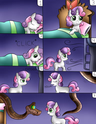 Size: 1794x2328 | Tagged: safe, artist:jerrydestrtoyer, character:sweetie belle, species:pony, species:unicorn, g4, bed, comic, crossover, eyes closed, female, filly, kaa, male, python, sleeping, snake, the jungle book