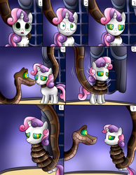 Size: 1836x2370 | Tagged: safe, artist:jerrydestrtoyer, character:sweetie belle, species:pony, species:unicorn, g4, coils, comic, crossover, female, filly, hypnosis, hypnotized, kaa eyes, male, snake, suspended, the jungle book, wrapped up