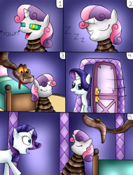 Size: 1752x2304 | Tagged: safe, artist:jerrydestrtoyer, character:rarity, character:sweetie belle, species:pony, species:unicorn, g4, coils, comic, crossover, female, filly, hypnosis, hypnotized, imminent vore, kaa eyes, male, mare, mind control, onomatopoeia, open mouth, sleeping, snake, sound effects, the jungle book, wrapped up, yawn, zzz