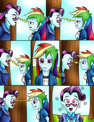 Size: 1648x2129 | Tagged: safe, artist:jerrydestrtoyer, character:principal abacus cinch, character:rainbow dash, species:eqg human, g4, my little pony:equestria girls, backfire, clothing, comic, female, glasses, grin, hypnosis, hypnotized, outdoors, smiling