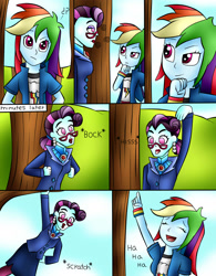 Size: 1570x2010 | Tagged: safe, artist:jerrydestrtoyer, character:principal abacus cinch, character:rainbow dash, species:eqg human, g4, my little pony:equestria girls, :d, behaving like a chicken, behaving like a monkey, behaving like a snake, clothing, comic, female, glasses, hypnosis, hypnotized, open mouth, outdoors, smiling