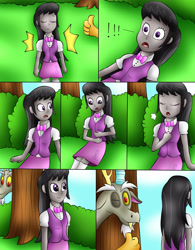 Size: 2543x3258 | Tagged: safe, artist:jerrydestrtoyer, character:discord, character:octavia melody, species:draconequus, species:eqg human, g4, my little pony:equestria girls, clothing, comic, female, finger snap, male, tree