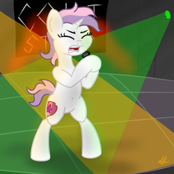 Size: 1200x1200 | Tagged: safe, artist:dafiltafish, character:sweetie belle, species:pony, species:unicorn, g4, alternate hairstyle, belly button, bipedal, female, filly, microphone, rock star, singing, solo, spotlight, teenager