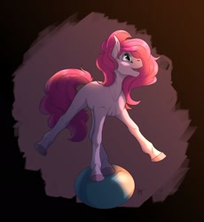 Size: 1920x2087 | Tagged: safe, artist:yarugreat, character:pinkie pie, species:earth pony, species:pony, g4, balancing, ball, female, missing cutie mark, simple background, smiling, solo
