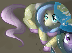 Size: 1082x797 | Tagged: dead source, safe, artist:elenaboosy, character:fluttershy, character:twilight sparkle, character:twilight sparkle (unicorn), species:pony, species:unicorn, g4, astronaut, clothing, cropped, earth, flag, planet, reflection, solo focus, space, space suit