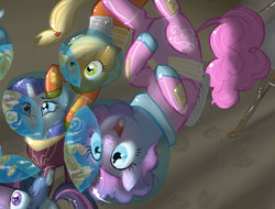 Size: 1684x1281 | Tagged: dead source, safe, artist:elenaboosy, character:applejack, character:fluttershy, character:pinkie pie, character:rainbow dash, character:rarity, character:twilight sparkle, character:twilight sparkle (unicorn), species:pony, species:unicorn, g4, astronaut, clothing, cropped, earth, flag, mane six, planet, reflection, space, space suit, trio focus