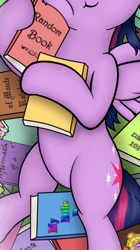Size: 316x565 | Tagged: safe, artist:flufflelord, edit, character:twilight sparkle, character:twilight sparkle (alicorn), species:alicorn, species:pony, g4, belly, book, cropped, pictures of bellies, pile of books, princess sleeping on books, rotated, solo, squishy cheeks, that pony sure does love books