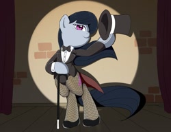Size: 917x706 | Tagged: safe, artist:vinilyart, character:octavia melody, species:earth pony, species:pony, g4, bipedal, clothing, hat, light, metal, shoes, solo, stick, tuxedo