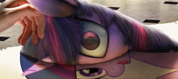 Size: 1441x646 | Tagged: safe, artist:chryseum, edit, character:twilight sparkle, species:human, g4, detailed, fourth wall, hand, looking at you, lying down, on side, paper, petting, realistic, stuck, wide eyes