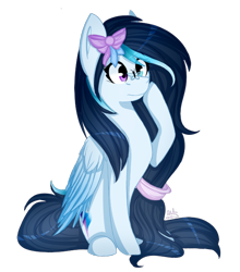 Size: 588x668 | Tagged: safe, artist:ayoarts, oc, oc only, species:pegasus, species:pony, g4, bow, butterfly, female, hair bow, heterochromia, simple background, solo, transparent background
